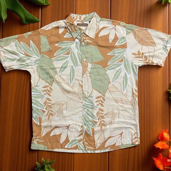 Cubavera Casual Tropical Hawaiian Tan Green Rayon Button Front Shirt Men's L - Picture 1 of 7